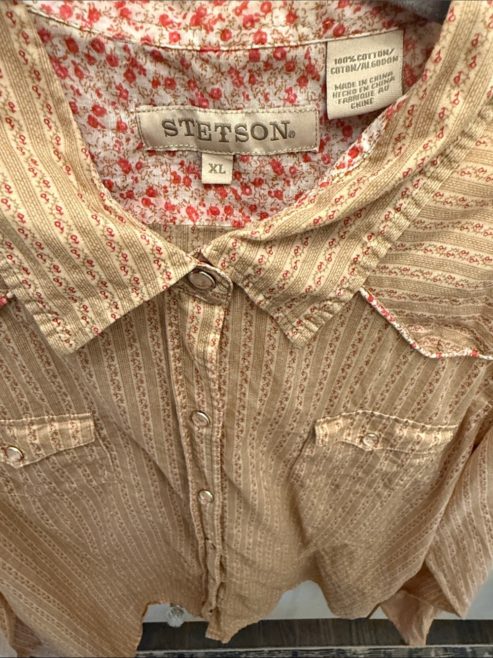 Stetson Women's Beige Striped Button-Down Shirt with Floral Trim